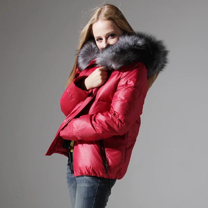 QAZXSW 2018 New Women's Winter White Duck Down Jacket Short XL Plus Fertilizer Coat Hooded Large Fur Collar Straight Outer LD066 | Женская