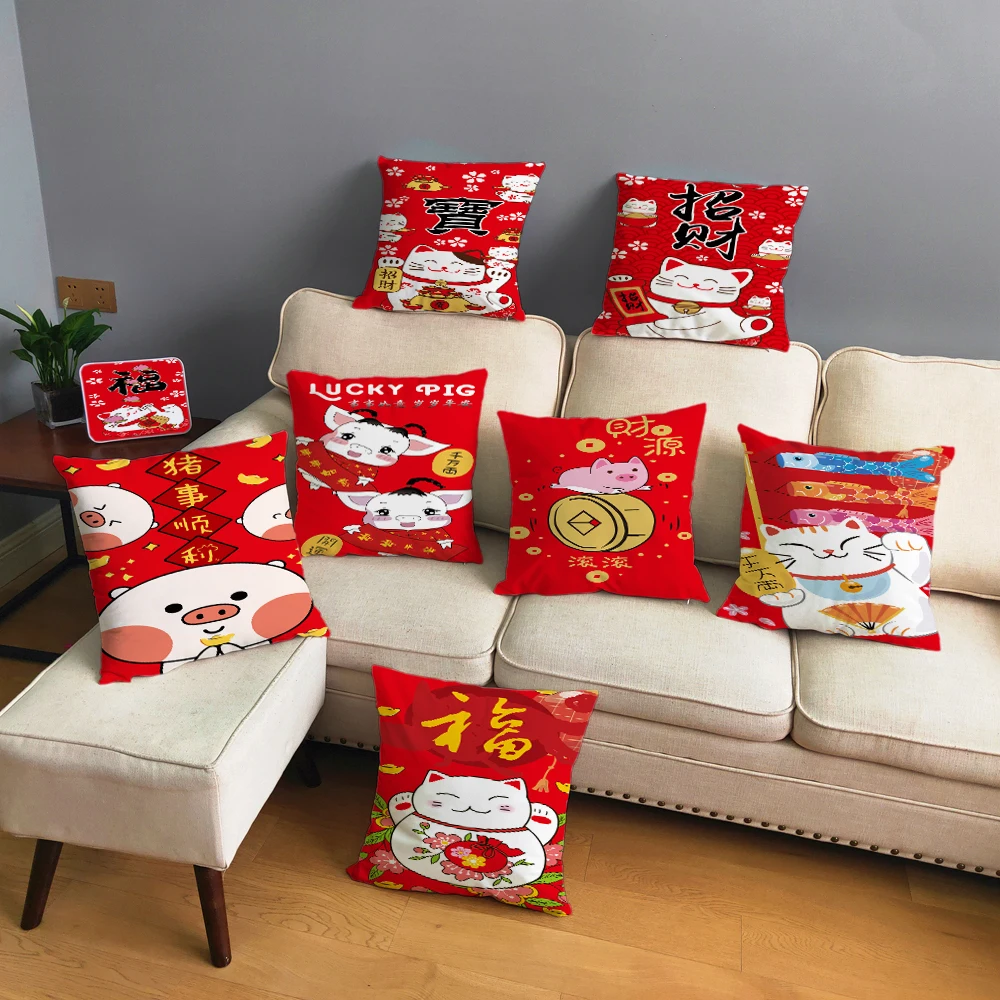 

Super Soft Short Plush Cushion Cover Red 45*45cm Throw Pillow Covers Lucky Cat Print Pillows Cases Sofa Home Decor Pillowcase