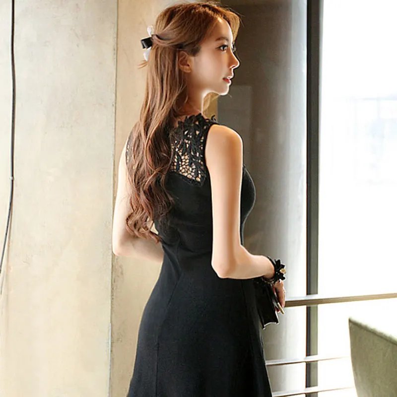 Модное тонкое сексуальное черное резное кружевное лоскутное женское платье без