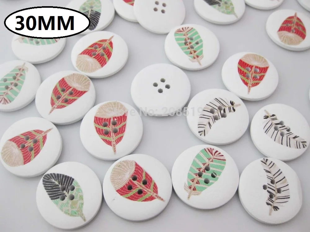 

WBNLLE 4 отверстия 30 мм деревянные пуговицы 80 шт./лот Разноцветные перья печатные большие пуговицы