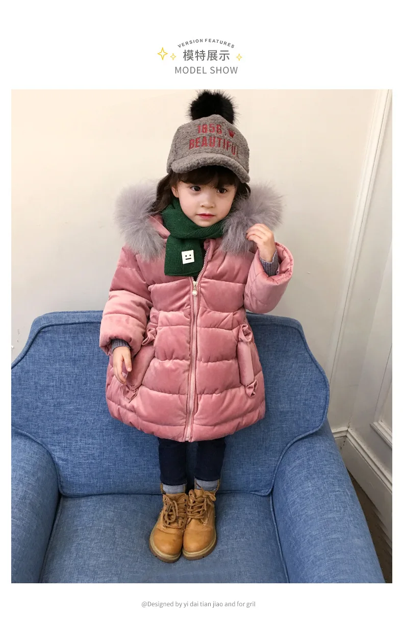 Зимняя куртка для девочек; пальто для малышей; bebe; Детские Бархатные Топы; парка; длинный зимний комбинезон; пуховая одежда с хлопковой подкладкой; розовый меховой воротник; капюшон