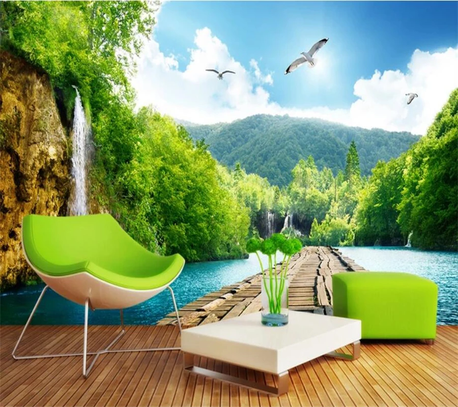 

wellyu Custom wallpaper 3d landscape waterfall wood bridge 3D view living room TV background wall paper mural papel de parede