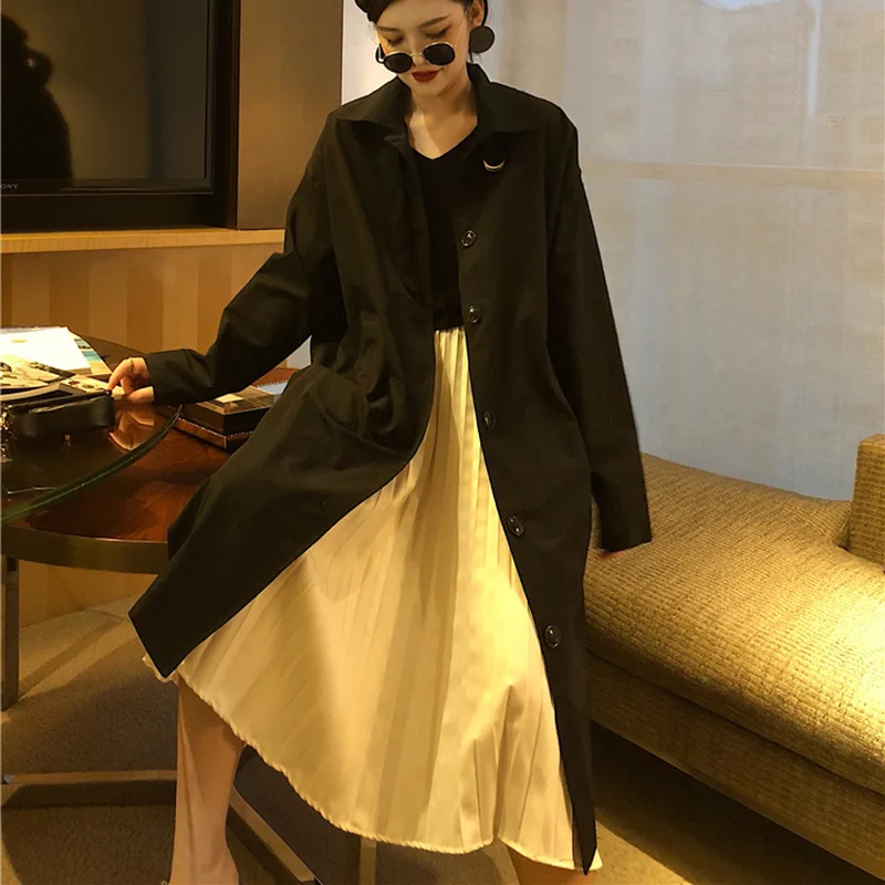 

Spring Autumn fashion Thin section Women 2020 New Retro Black Loose Thin Coat Long Windbreaker Jacket Female le77