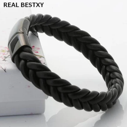 Черный кожаный браслет BESTXY с логотипом на заказ из нержавеющей стали магнитной
