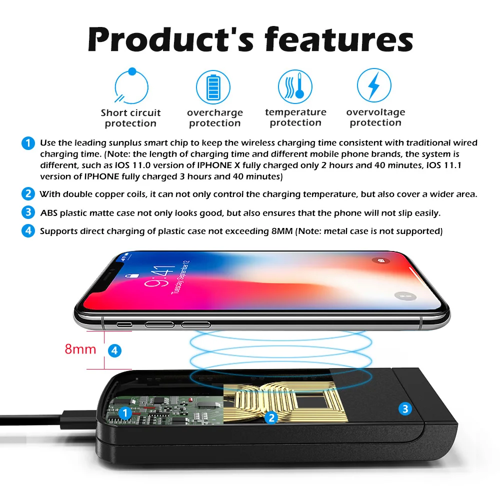 Беспроводное зарядное устройство Qi DQiDianZ 10 Вт для iPhone X XS MAX XR 8 Plus Samsung S7 S8 S9