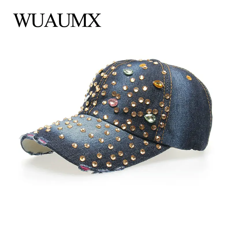 Wuaumx Bling Baseball Caps For Women With Rhinestone Bling Beauty Girl Snapback Cap For Female Denim Crystal Hats Black White
