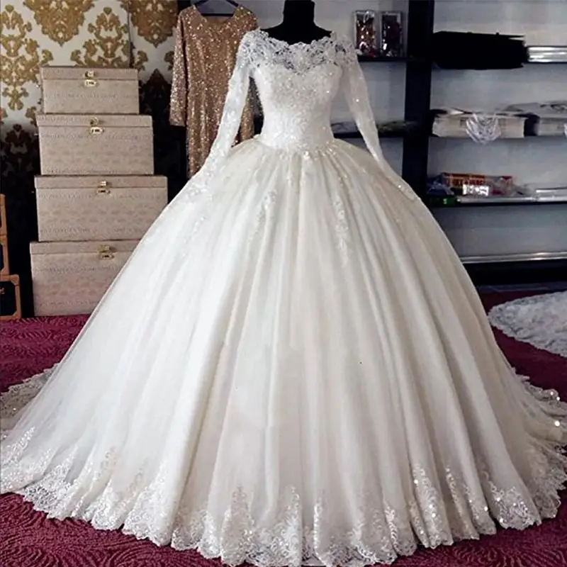 

Luxury Princess Fluffy Long Sleeve Tulle Lace Beading Sequins Wedding Dresses mariage New Wedding Gowns Custom Made