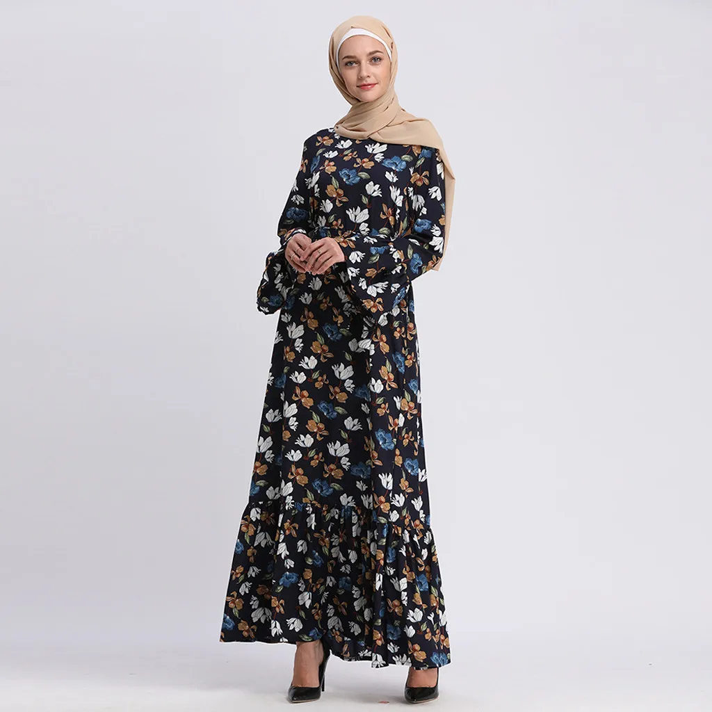 Muslim dress Islamic clothing Hijab Summer Small Floral Trumpet Sleeve Embroidery Elegant Swing Dress D300408 | Тематическая одежда