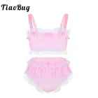 TiaoBug Для мужчин Гей Нижнее белье Сисси сексуальный бюстгальтер набор нижнего белья топы, прозрачные сексуальные шелковые с кружевными вставками и юбкой трусики Briefss для ночного клуба костюмы