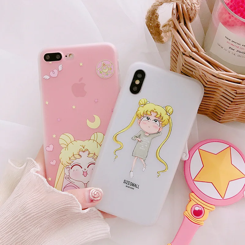 Kawaii Pink Japanese Anime Cartoon Sailor Moon Phone Case For iPhone 6 6Puls 6S 7 8 Puls X Cases Tempered Glass Back Cover Coque |
