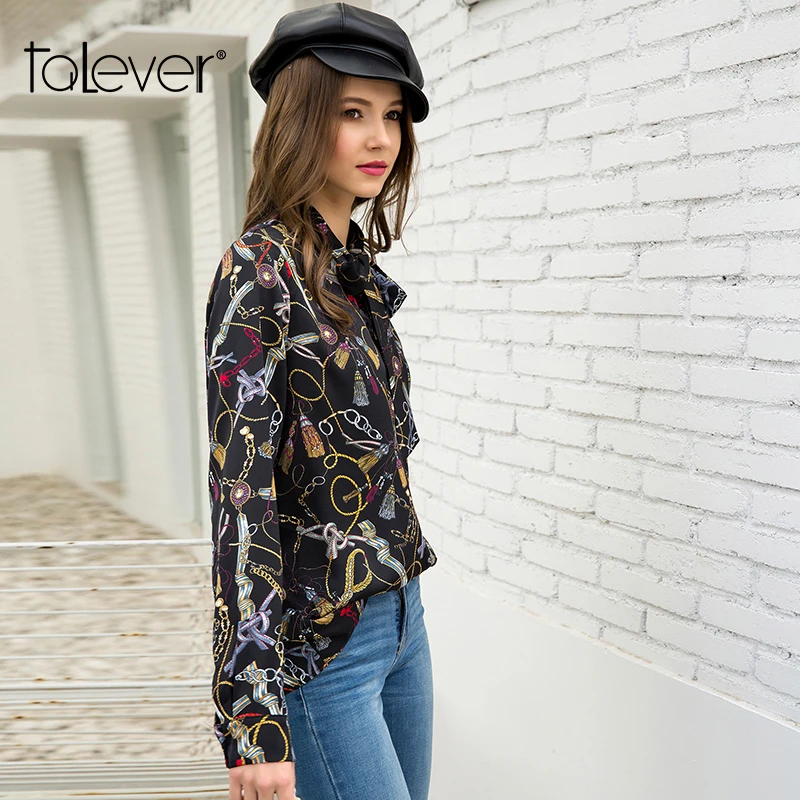 2019 Spring Elegant Shirts Women's Bow Ribbon Printed Long Sleeves Button Blouses Office Lady Black Chiffon Shirt New Talever |