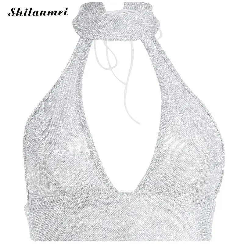 2019 Silver Glitter Sequin Crop Top Summer Bustier Backless Deep V Sexy T-Shirt Camis Women Party Club Tank Tops | Женская одежда