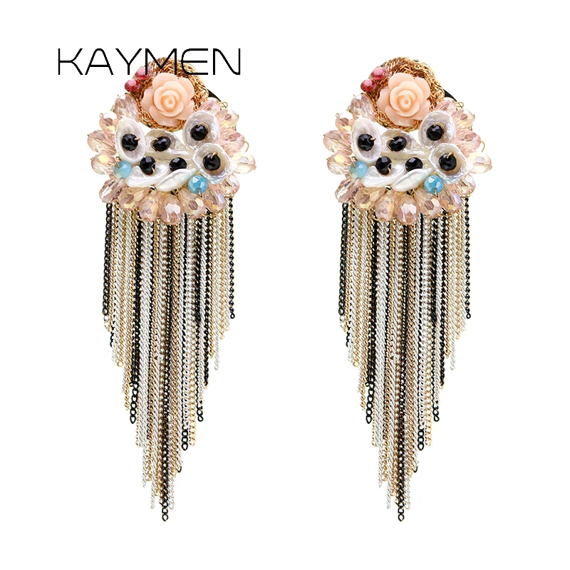 

Kaymen New Flower Shape Handmade Knitted Crystal Pearl with Tassels Statement Dangle Drop Earrings for Girls Cute Jewelry 3310