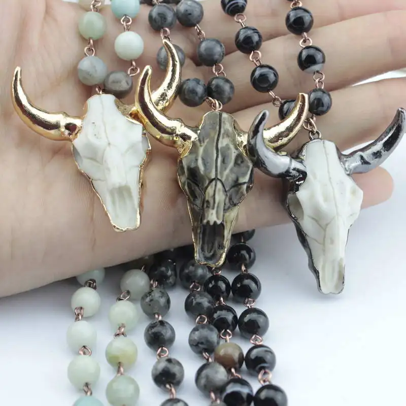 Fashion Bohemian Handmade Tribal Jewelry Round Beads Amazonite Stones Rosary Chain Statement Horn For Women Pendant Necklace