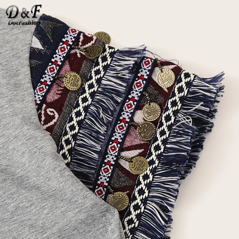 Dotfashion ацтекская серая футболка с бахромой, женская футболка, летние топы в стиле бохо с коротким рукавом, женская одежда, корейская модная футболка