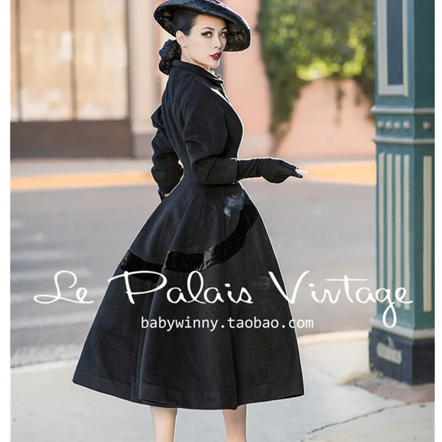 Женское длинное шерстяное пальто винтажное черное в стиле Одри Хепберн 50 х годов