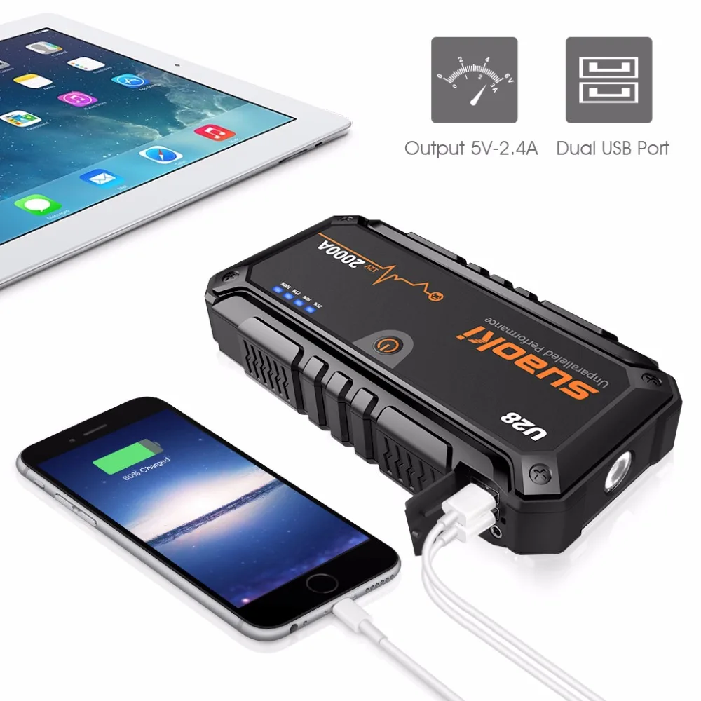 Suaoki U28 2000A пиковый стартовый пакет с двойным USB блоком питания светодиодный