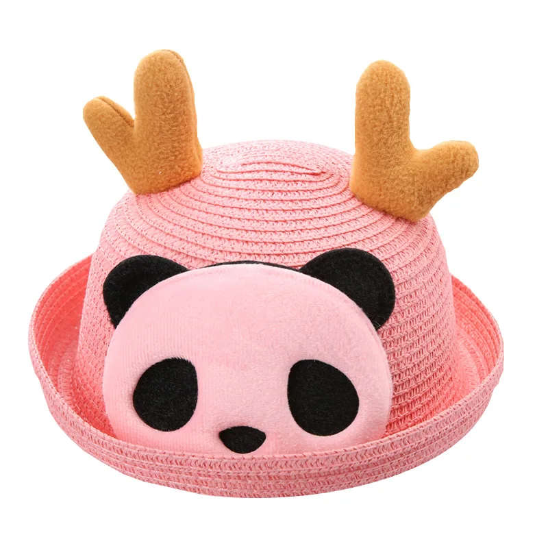 pink panda Детские шляпы, летние Панамы для девочек, милые соломенные кепки с рисунком котенка для мальчиков, детские шляпы в стиле хип-хоп с изображением милого медведя для девочек - Цвет: pink panda