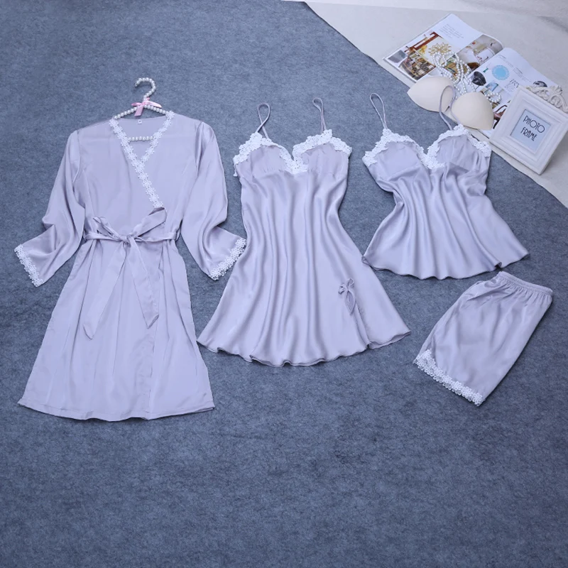 Модные женские халат набор 4 шт. + рубашки топ шорты шелковый атлас летний