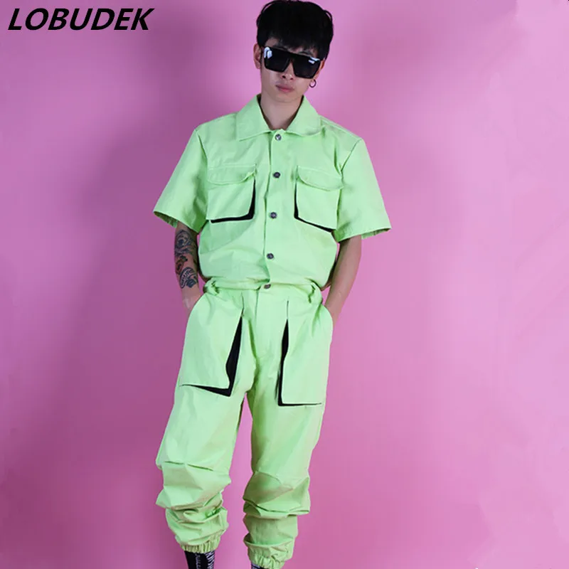 New Design Men Light Green Overalls Jumpsuit Tide Male Fashion Loose Cargo Pants Hip Hop Stage Costume Rock Singer Dancer Show