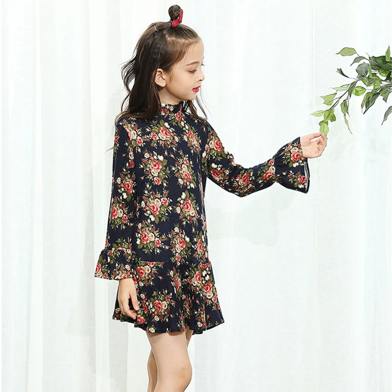2017 Autumn Kids Flower Printed Long Sleeves Clothes Children Elegant Party Wedding Princess Dresses Girls Preppy School Wear | Детская