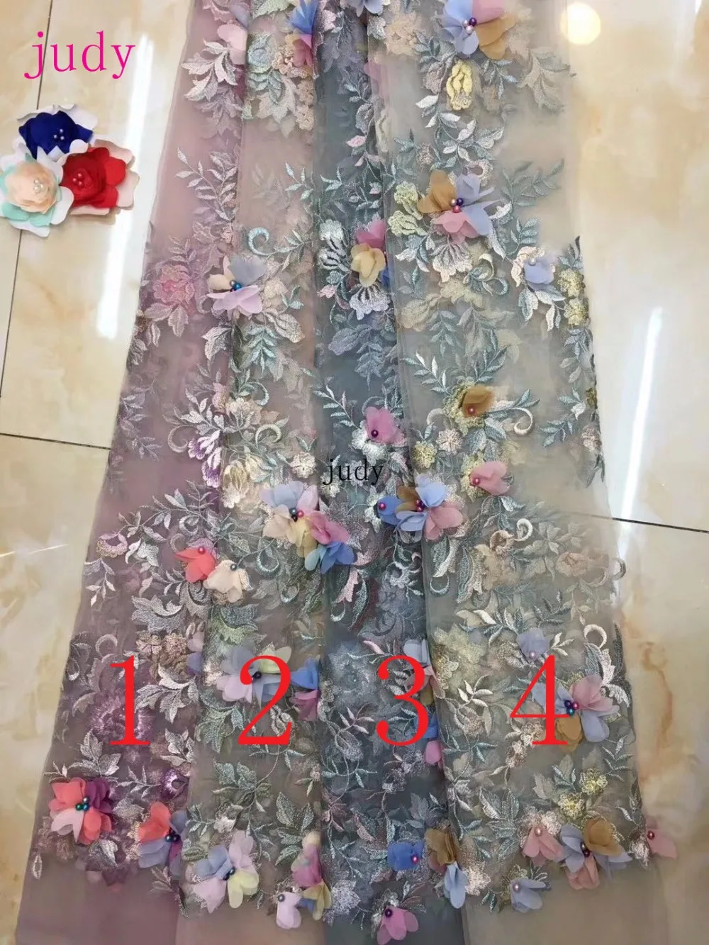 

stock 5yards/bag XC173# 4 Mixed color embroidery 3D floral beads fashion French cloth for wedding dresses Free shipping