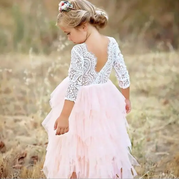 

Baby Girls Tulle Dress Long Sleeve O-neck Lace Appliques Ball Gowns Flower Girl Dresses Princess Birthday Party Wedding Gowns