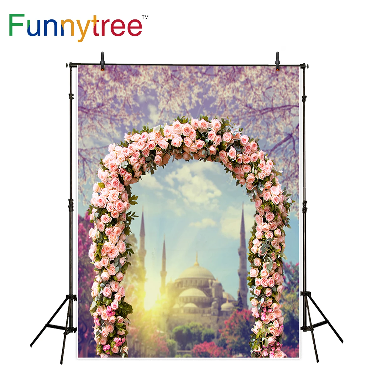 Фон Funnytree для фотостудии розовый цветок дверь Свадьба Церковь боке небо фон