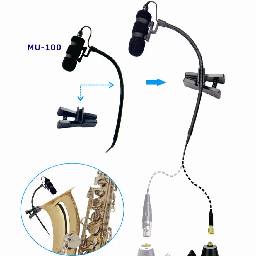 MU100 микрофон+ M100S Sax зажим+ XLR фантомный адаптер питания конденсаторный клип-на саксофон микрофон для духовых инструментов барабан