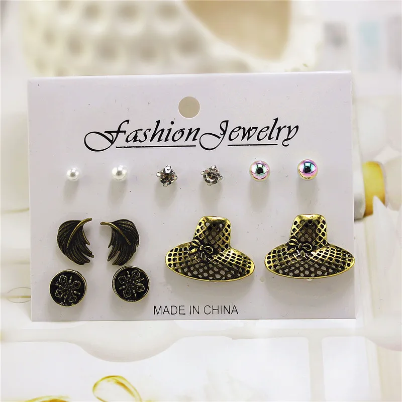 ENZE free shipping new fashion earrings color round imitation pearl retro hat girl accessories woman Ear stud combination | Украшения и