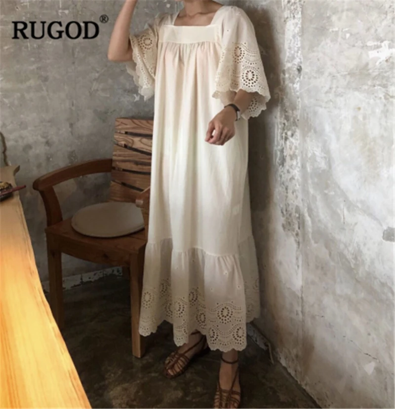 RUGOD новое поступление женское однотонное вышитое Открытое платье с квадратным вырезом с расклешенными рукавами прямое свободное элегантное платье Vestidos