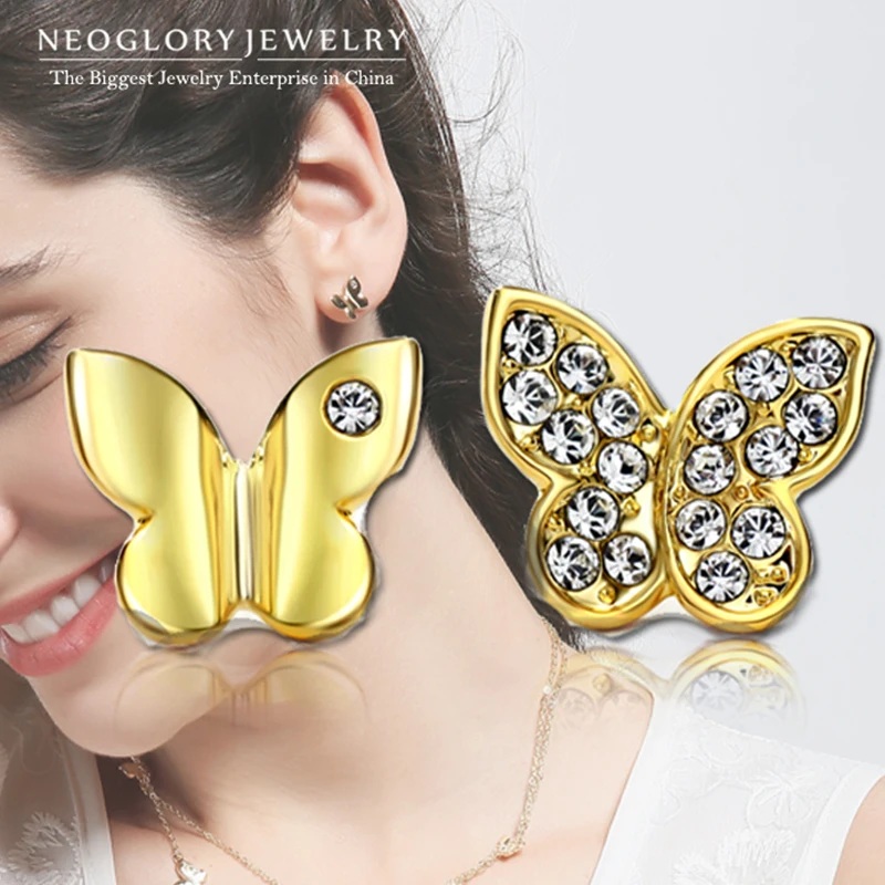 Neoglory светильник желтое золото австрийские модные серьги-гвоздики с бабочкой