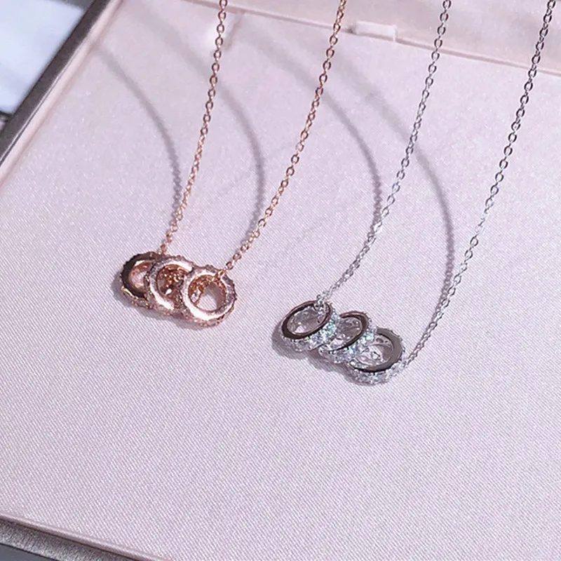 

All Matching Fashion Simple Designer Three Zircon Decorative Circles Pendant Pure 925 Sterling Silver Chain Necklace for Women