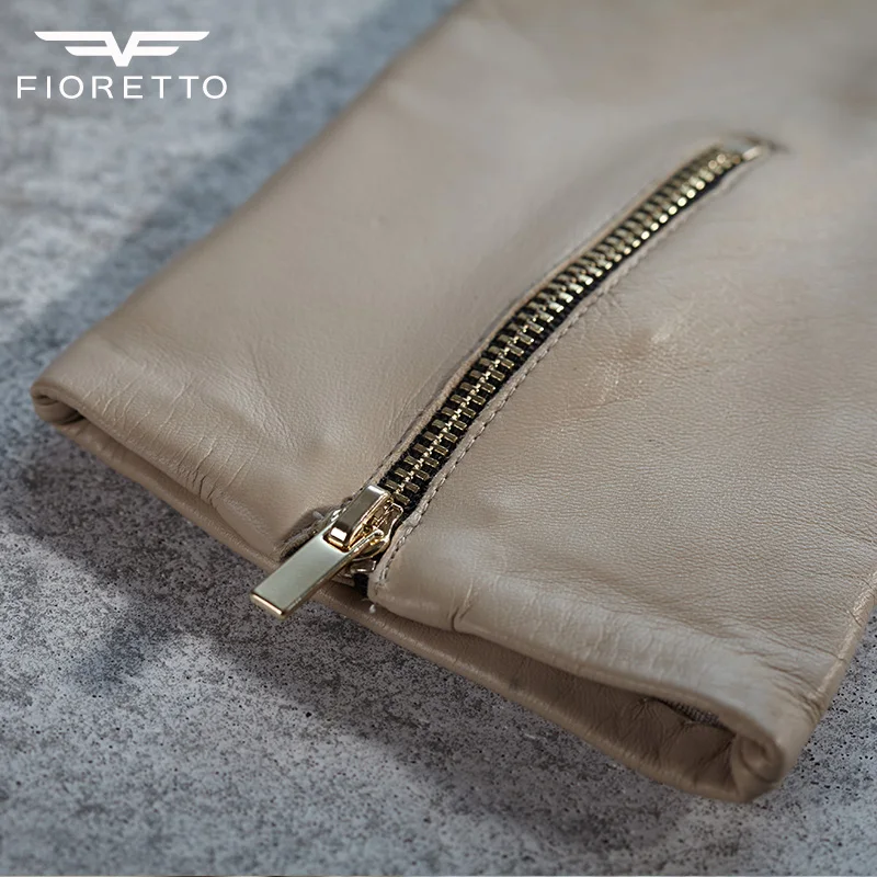 Женские зимние длинные кожаные перчатки Fioretto теплые на тонкой подкладке с