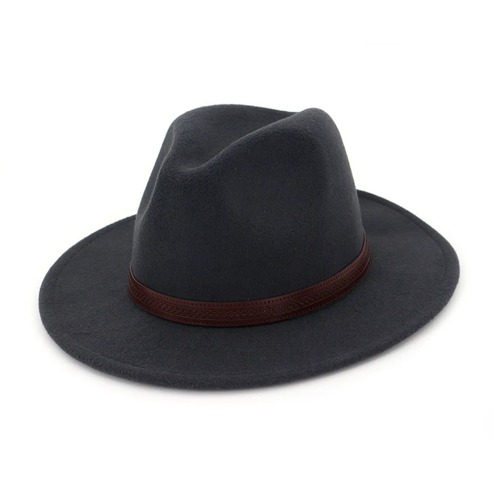 QIUBOSS Панама Джаз Fedora кепка для женщин и мужчин Шерсть фетр остроконечные широкие полями Дерби шляпа кофе кожа Украшение Gambler Chapeau QB42