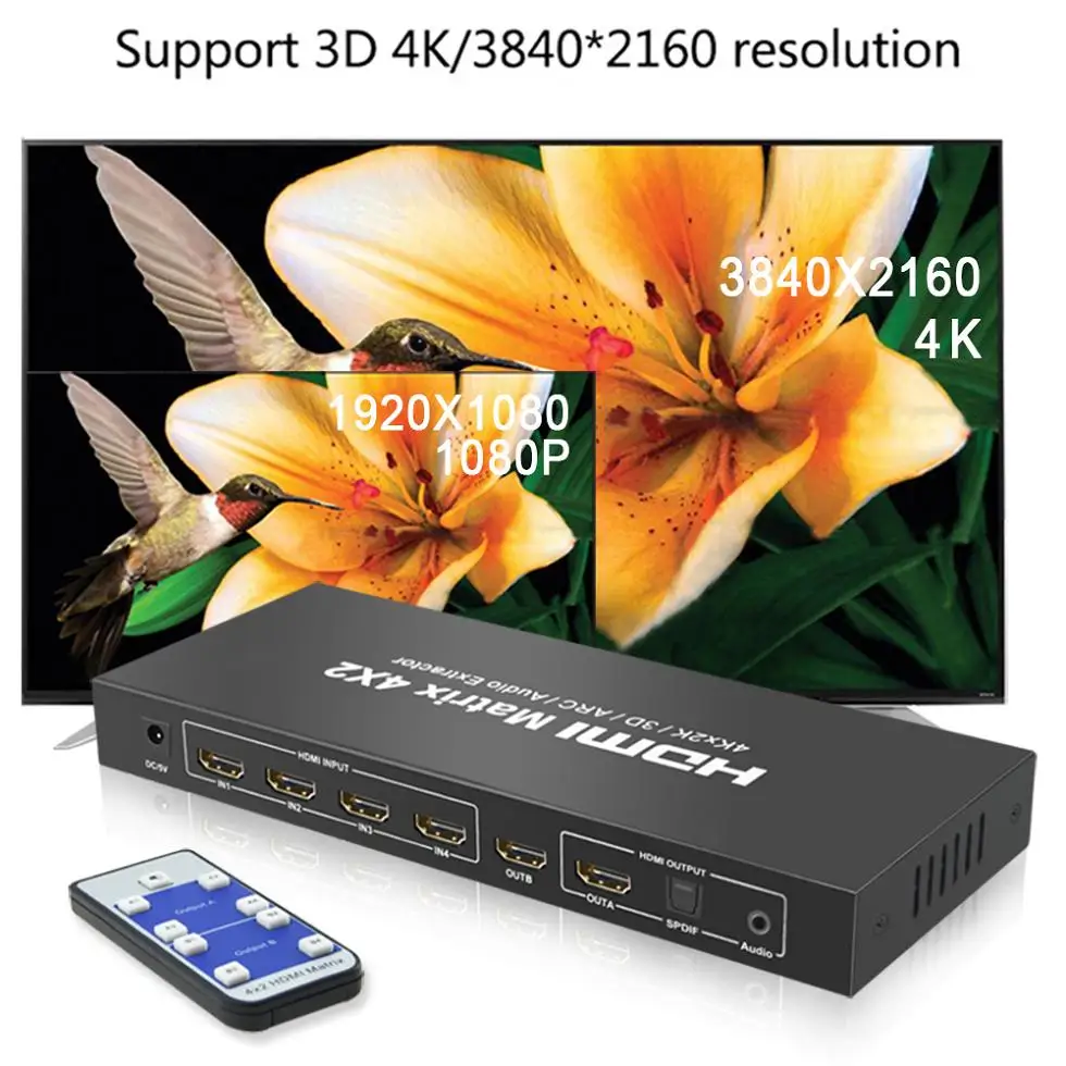 Aikexin HDMI матрица 4X2 Переключатель сплиттер конвертер адаптер с пультом дистанционного управления Full HD 4K x 2K 3D 1080P HDMI матрица 4 в 2 выхода