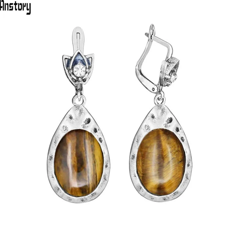 Natural Tiger Eye Винтажные овальные розовые кварцевые нефритовые серьги для женщин, античные посеребренные серьги в форме капли воды, модное ювелирное изделие TE531 - Окраска металла: Natural Tiger Eye
