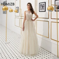 long elegant evening dress 2019 a line tulle sequin crystal sheer neck floor length pink party formal women evening gowns