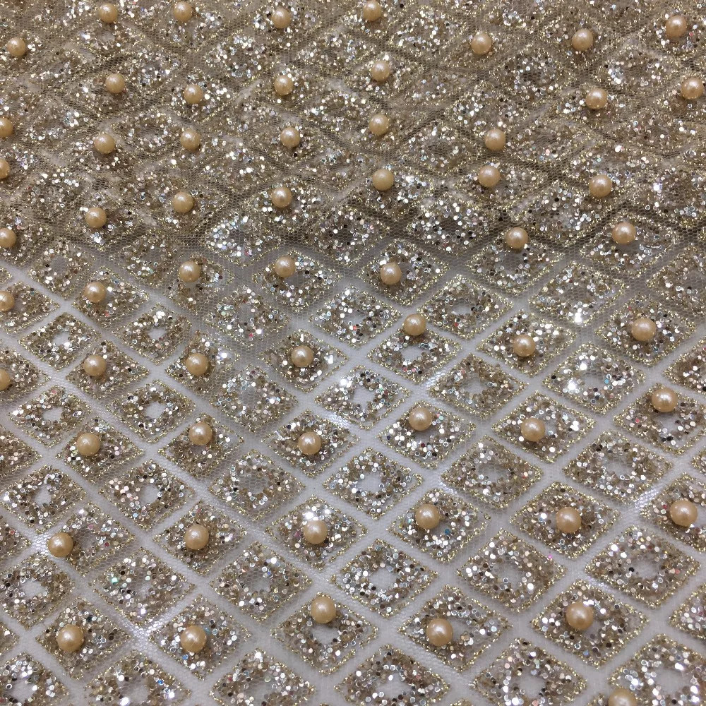 gold glitter lace fabric with beads shiny sugar glued beaded stone embroideried laces african western style for party dress | Дом и сад