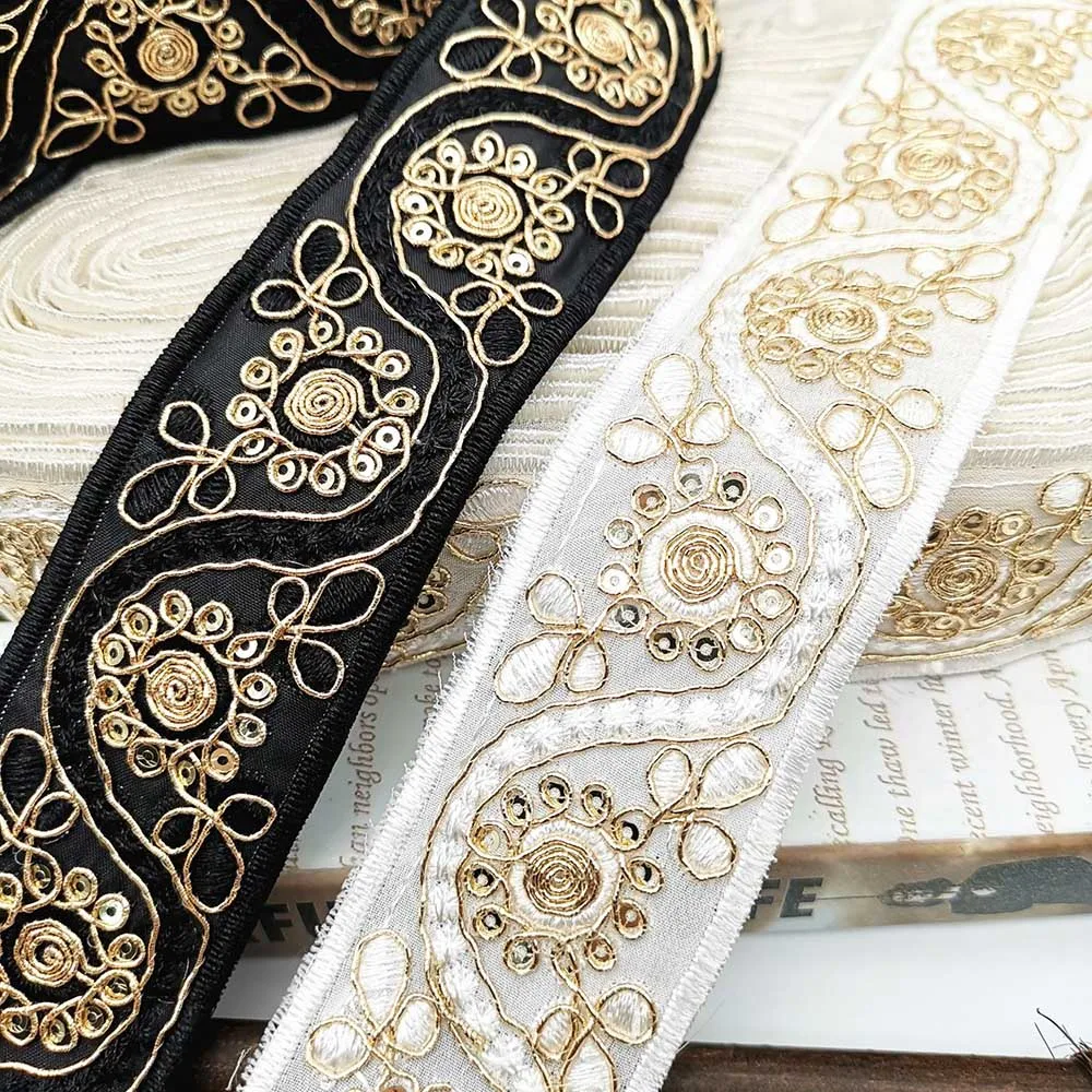 2 Yards Sequin Lace Trims Black White Floral Lace Ribbon for Bridal Lace DIY Sewing Material for Dress Decoration