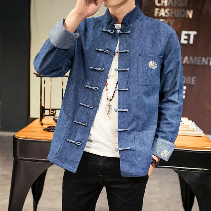 

Men Chinese Style Denim Jacket Spring Autumn Embroidered Cowboy Casual Jacket Coat Male Retro Single-breasted Outerwear