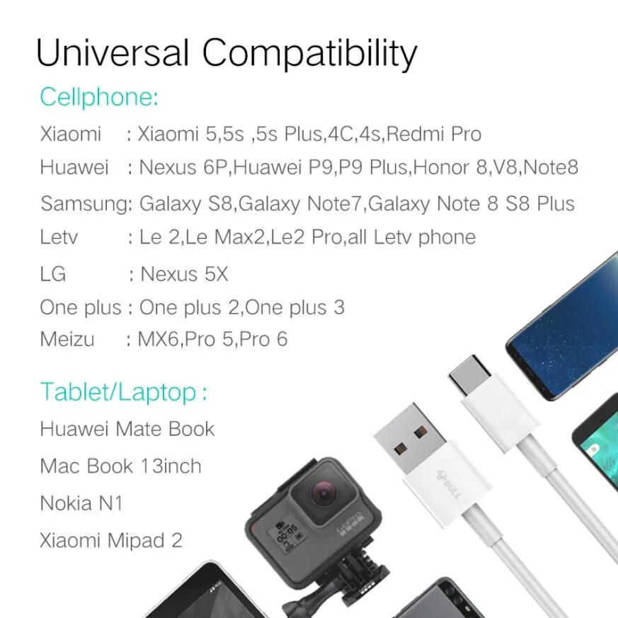 Usb-кабель BULL Type C для Oneplus 6T USB кабель быстрой зарядки Xiaomi Redmi переключатель Huawei USB-C |