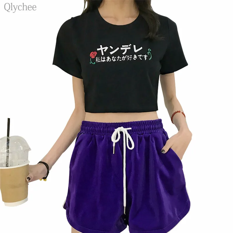Qlychee японский розовый укороченный Топ женский короткий рукав с круглым вырезом