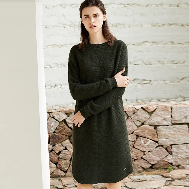 

ZHILI 2018 New Autumn Round Neck Relaxed Sweater Dress 100% Wool