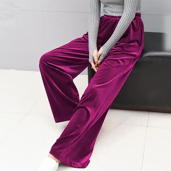 2019 New Velvet Wide Leg Pants Pocket Elastic Waist Women's Trousers Tunic High Office Purple AH495 | Женская одежда