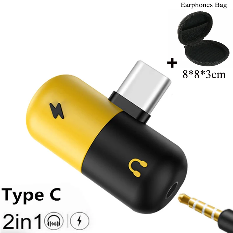 Yellow Black and Bag Type C 3,5 мм Aux адаптер кабель для зарядки вызова аудио наушники адаптер для Xiaomi Mi 8 Lite сплиттер конвертер - Цвет: Yellow Black and Bag