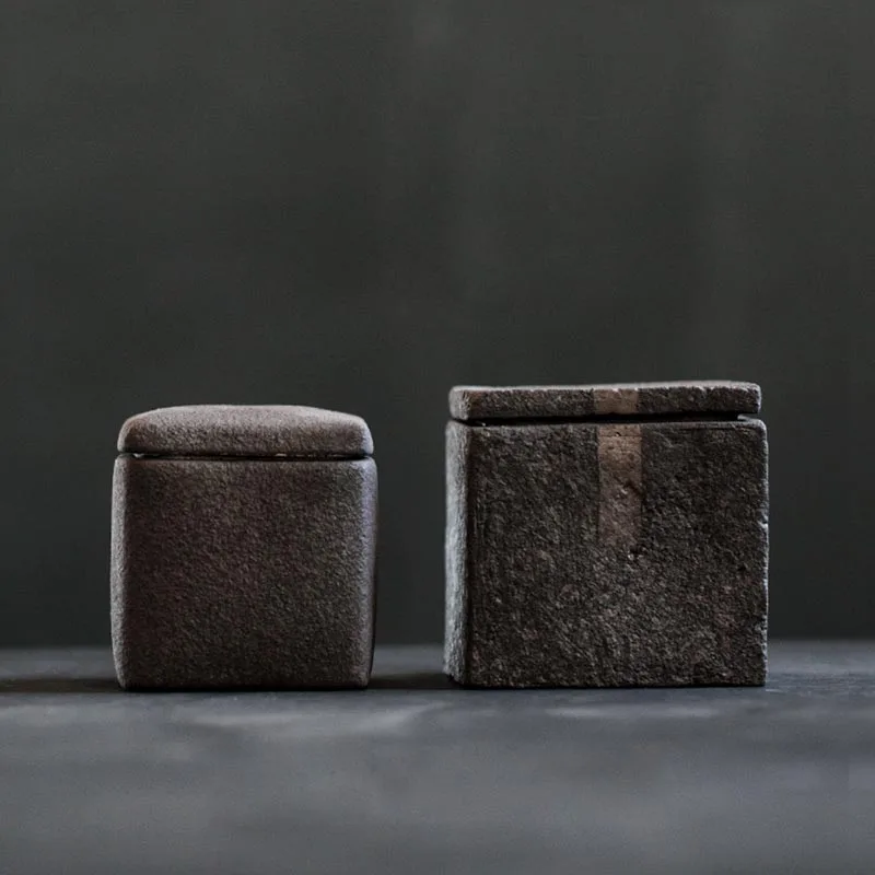 Vintage Coarse Pottery Square Tea Caddy Black Zen Japanese Style Set Accessories Ceramic Sealed Storage Jars Decor | Дом и сад