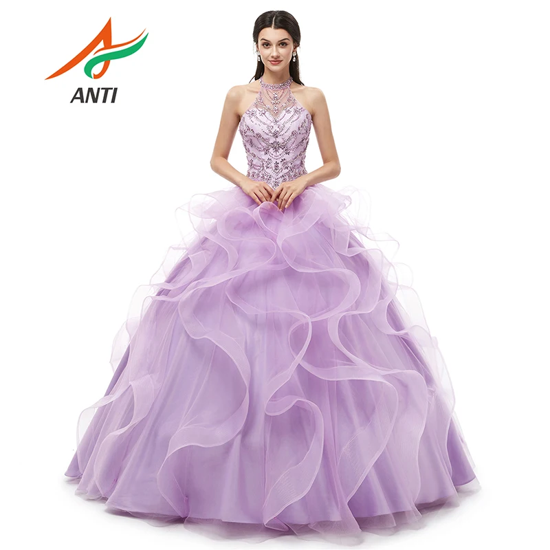 

ANTI Gorgeous Lavender Formal Quinceanera Dresses Sequined Beading Crystal Tull Ball Gown 2019 New Arrival Halter Vestido Longo