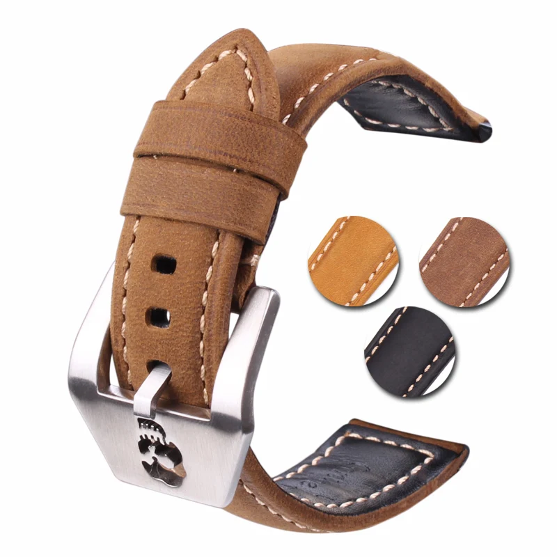 

Skull Clasp Watchbands Men 22mm 24mm Italy Genuine Leather Women Watch Band Strap Stainless Steel Buckle For PAM
