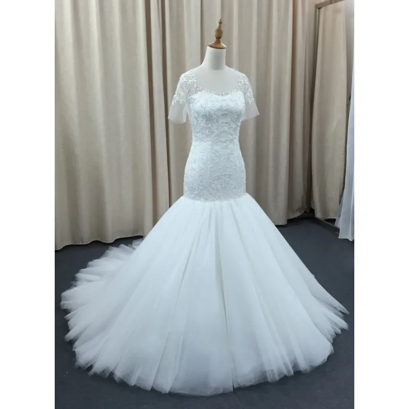 

Short Sleeve Wedding Dresses Lace Applique Elegant Ivory Mermaid Bridal Dresses Sheer Back Wedding Gown Vestido De Noiva Sereia